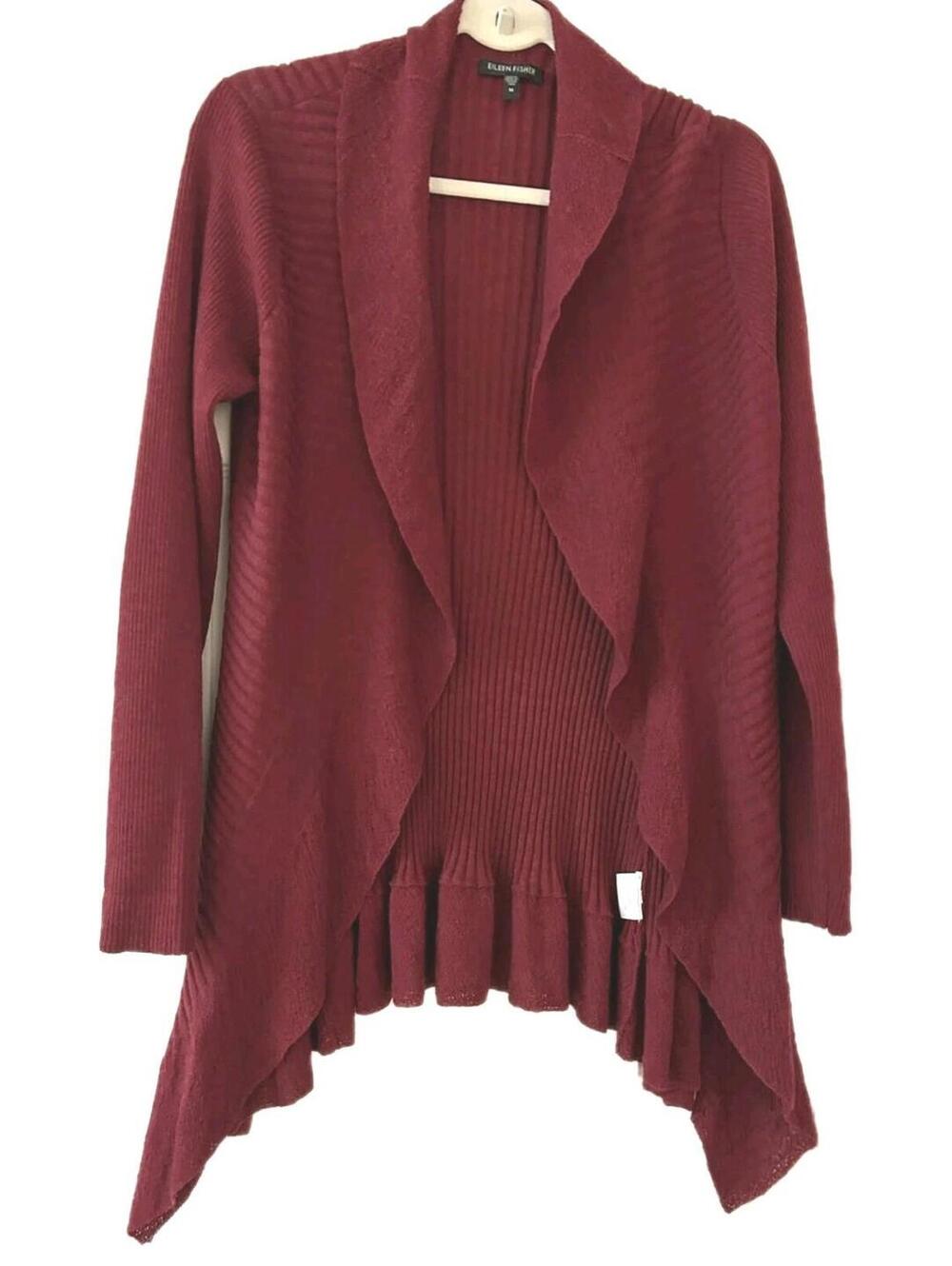 Eileen Fischer  Women's Burgundy Ruffle Hem Open Cardigan Sweater 100% Wool Sz M